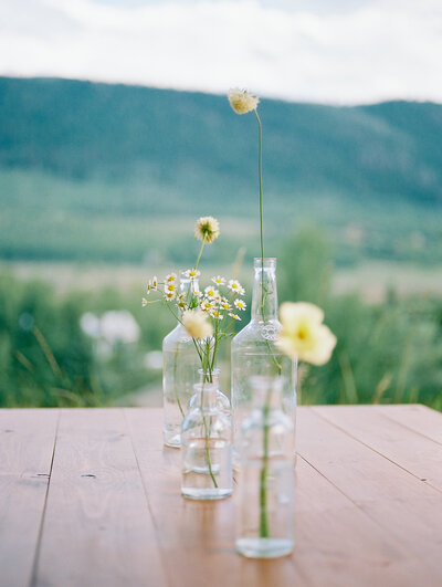 Flowers in glass bottles on table