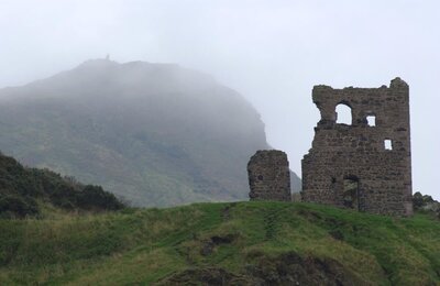 st anthonys chapel ruins on a misty day