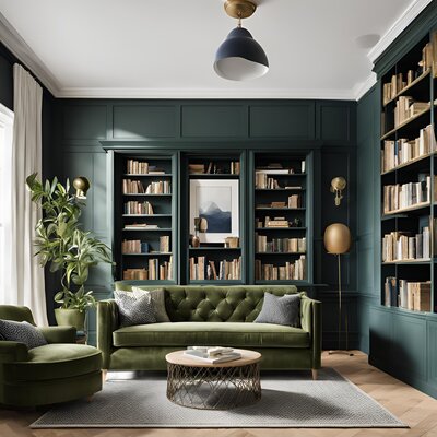 small olive green or navy home library