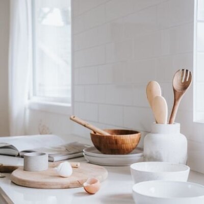 white kitchen with bowls and prep utensils