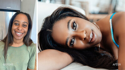 Transformation photo showing a boudoir client before and after makeup & hair styling
