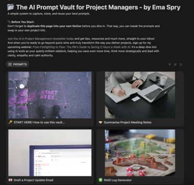 Cover image for a 2025 Notion AI Prompt Vault: A free Notion template for project managers to capture, store, and reuse AI prompts. Cut admin clutter and save headspace with your own prompt vault.