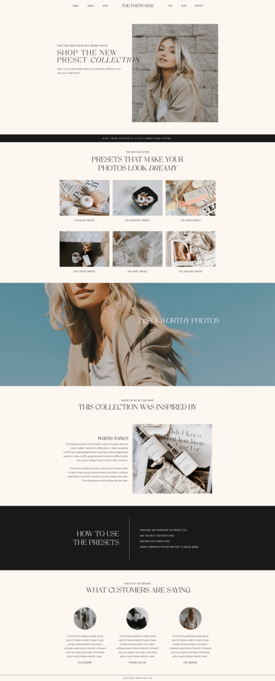 Showit shop page template for small business owners