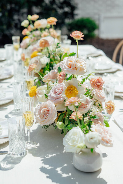 Elegant wedding reception floral centerpiece setup