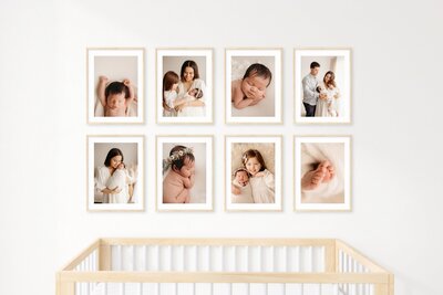 A wall of frames showing newborn photos taken by michelle kelly
