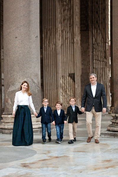 A family with three young boys at the Pantheon.  Taken by Rome Family Photographer, Tricia Anne Photography.
