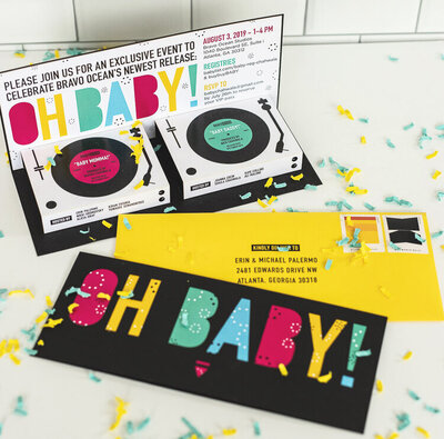 record label inspired baby shower 3D invitation