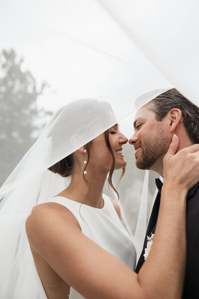 Couple touching foreheads as the sun sets behind them.