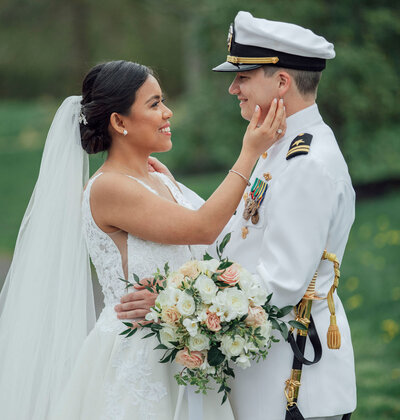 Bride and groom at summer wedding, groom in military uniform | Talamore Country Club | Ambler, Pennsylvania