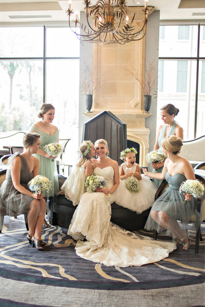 Wedding bridal party portrait in hotel lobby in New Orleans Louisiana