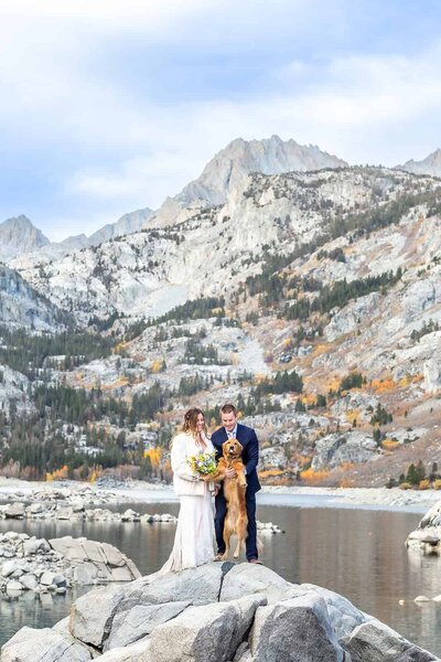 A bride and groom stand in front of a pristine alpine lake while holding their golden retriever dog. 
