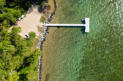 Aerial view of swimming dock on Torch Lake