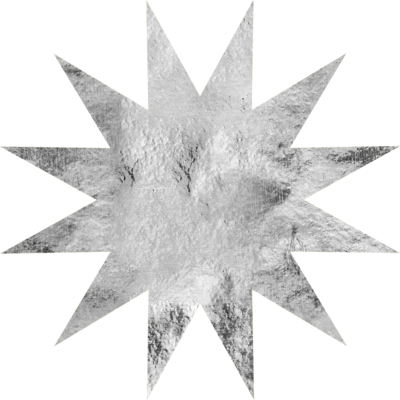 A graphic of a silver starburst with a textured center on a black background.