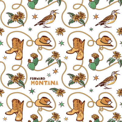 A repeating pattern of cowboy hats, balsamroot flowers, cacti, meadowlarks, curling western rope, and cowboy boots.