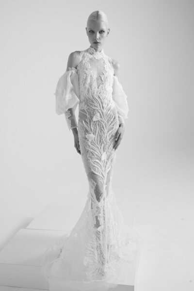 black and white image bride wearing high neck lace wedding dress