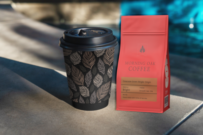 A red coffee bag labeled "Morning Oak Coffee, Cascade Dawn Single-Origin" is displayed on an outdoor surface, paired with a matching black coffee cup decorated with an oak leaf pattern. The background has a soft, natural blur, suggesting an outdoor setting.