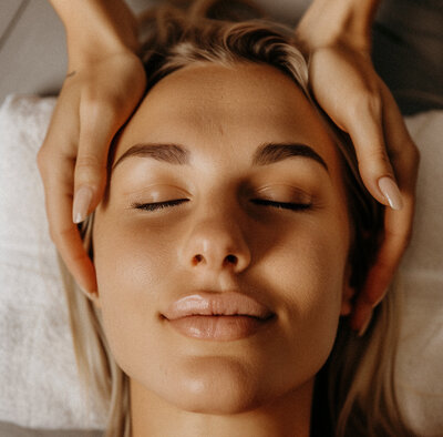 A woman with closed eyes is lying on a spa bed with a relaxed expression. She is indulging in a soothing facial massage, with expert hands gently pressing on her forehead. The setting exudes calmness and tranquility.