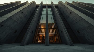 Modern brutalist architecture with geometric sharp lines, dark concrete and glass, golden sunlight streaks, editorial wide composition, clean negative space, subtle blurred silhouette of a woman passing q