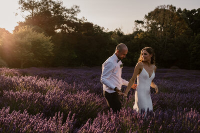 A bride and groom walking in the lavender fields during their wedding photoshoot in new plymouth