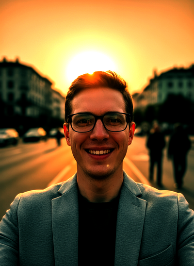 Smiling man wearing glasses standing in a city street at sunset, photographed by Vyrl Photo, showcasing Tucson headshots.