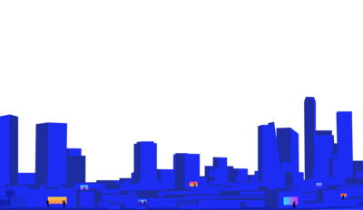 Cityscape featuring buildings rendered in shades of blue, creating a cool and cohesive urban skyline.