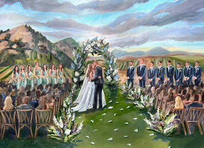 Painting of bride and groom in a ballroom
