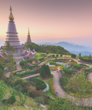 Scenic gardens and golden pagodas at Doi Inthanon National Park in northern Thailand.