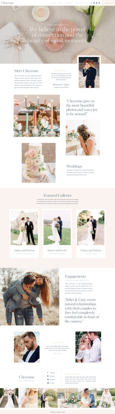 Cheyenne Showit website template for photographers that wants to connect with friendly couples. The beautiful layout and typography book brides.