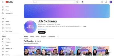 Job Dictionary Youtube homepage screenshot