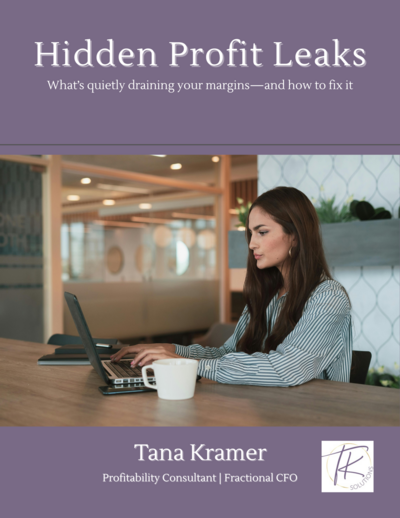 Cover of 'Hidden Profit Leaks' guide by Tana Kramer, Profitability Consultant and Fractional CFO. Features a woman working on a laptop at a modern office table with a coffee cup, set against a purple header and footer with the TK Solutions logo.