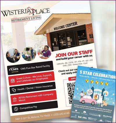 Recruitment flyer and event materials for Wisteria Place senior living, Abilene, TX, by Helia Studios