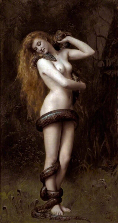 A painting of a woman with red hair entwined with a serpent in a dark forest setting.