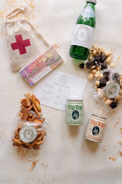 Wedding welcome gifts with watercolor pet portrait stickers by Alicia Betz of The Welcoming District.