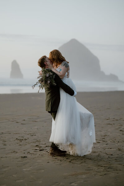 Editorial bridal portrait with dramatic Pacific Northwest ocean views