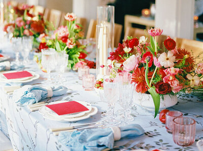 Chinese wedding table decor at River Retreat at Habersham in Beaufort SC. Red and Blue wedding flowers