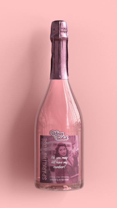 A mockup of a pink bottle of sparkling rose wine sits against a pink background and features a vintage image of a woman waving goodbye to a man, saying "no, you may not have my number!"