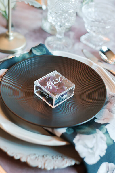 Acrylic box place card with white calligraphy for wedding at Spicer Mansion in Mystic, Connecticut