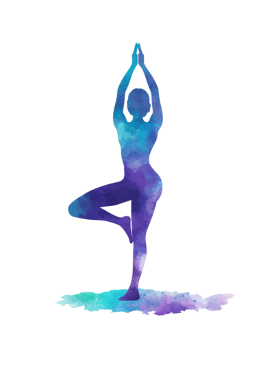 Watercolor silhouette of a woman in tree yoga pose, with arms extended above. The figure is painted in vibrant turquoise and purple hues.