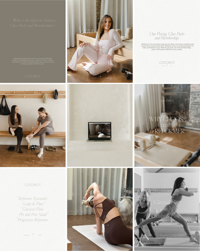 A 9-grid social media layout for Coconut Wellness Studios, designed by Studio Petita. The design combines lifestyle photography of women practicing Pilates and yoga with minimal, editorial-style graphics in neutral tones. The visuals highlight class packs, memberships, reformer sessions, and wellness offerings, blending calming textures, refined typography, and intentional layouts to create a cohesive and elegant brand presence.