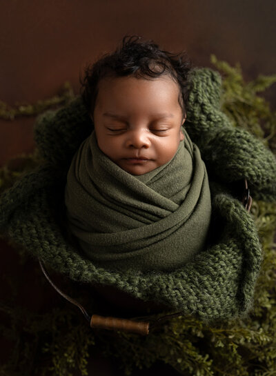 Natural newborn portrait by Austin photographer featuring baby swaddled in organic green textures