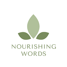 Green leaf logo on a white background, representing "Nourishing Words."