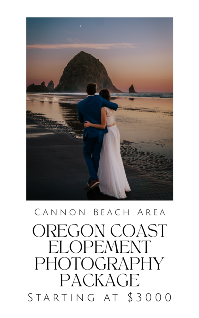 Newlywed couple at sunset on Cannon Beach, OR after eloping