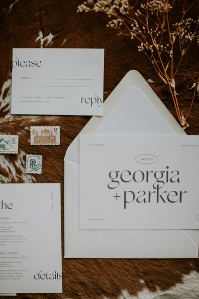 Custom designed wedding stationery with white paper and modern serif text