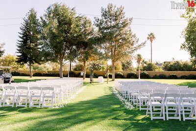Outdoor wedding ceremony setup at the Alta Vista Country Club in Placentia, CA