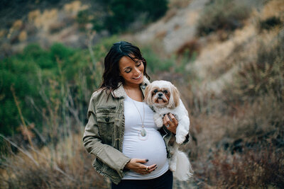 Portrait of Pregnant mom with her Shitzu Puppy in LA