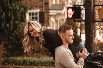 Couple enjoying a romantic session in downtown Doylestown, Pennsylvania