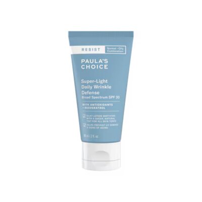 Paula’s Choice Super-Light Wrinkle Defense SPF 30—a tinted mineral sunscreen for daily UV protection and anti-aging support, recommended by The Budget Derm.