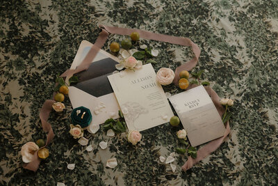 Lat night flat lay with cake, flower bouquet, cake cutting utensils, wedding favors during reception at Tuscan Rose Ranch in Santa Paula California 
