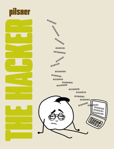 bad apple character poster for the hacker which is a tired looking apple with zeros and ones floating from a computer