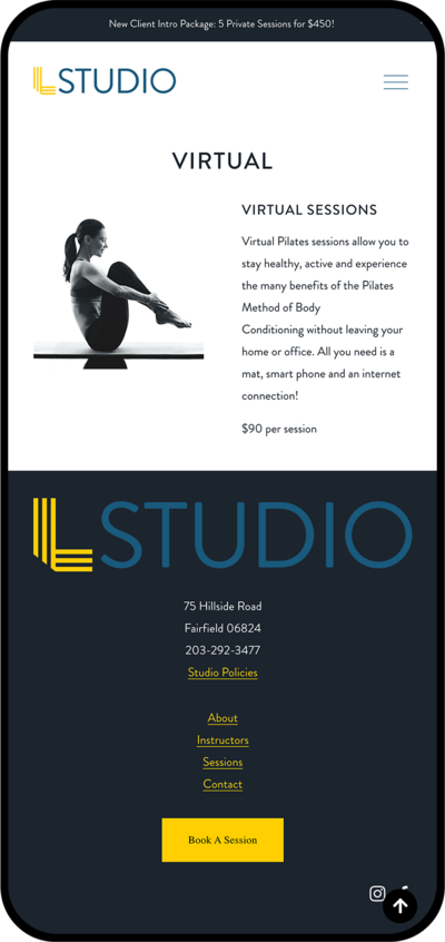 iPhone mockup of L Studio Pilates Virtual Session with information on the sessions and a black and white image of a female in a pilates pose